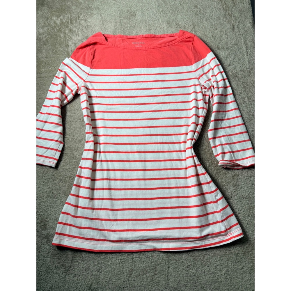 Merona Womens Small Coral Red White Striped Boat Neck 3/4 Sleeve Top Basics